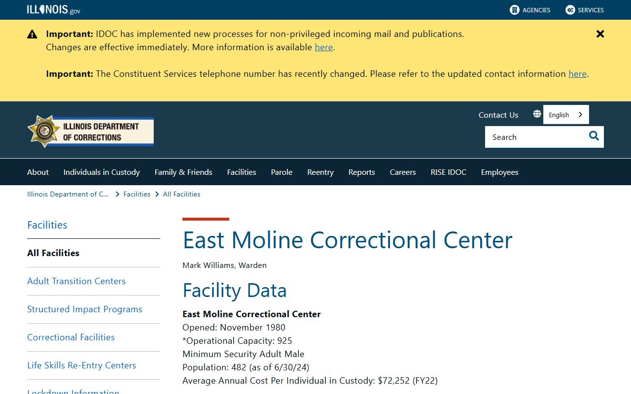 East Moline Correctional Center IDOC inmate facility record