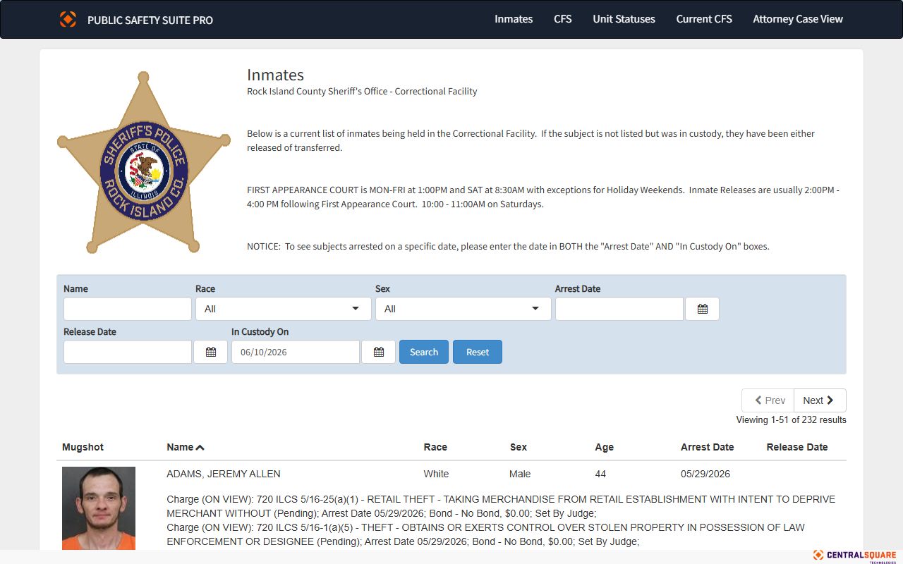 Rock Island County inmate roster search portal