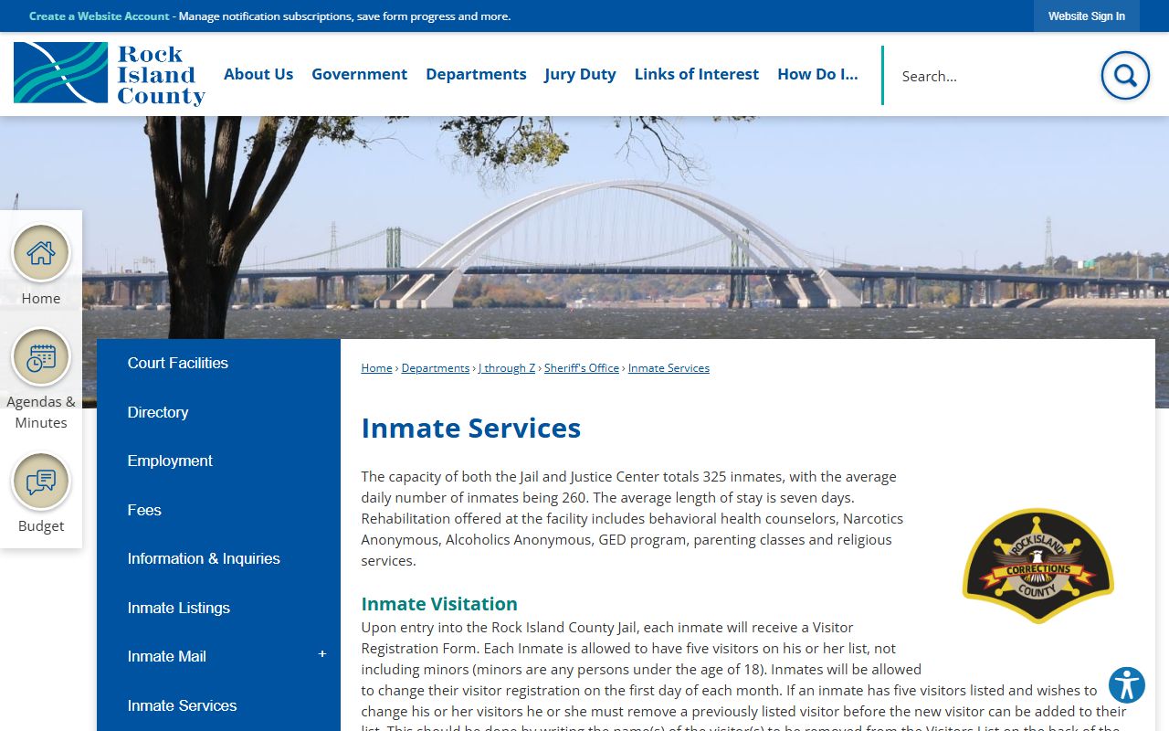 Rock Island County inmate population and inmate services page
